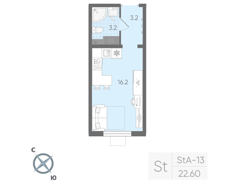 Студия 22 м2 в ЖК Ручьи (2 оч.) корпус null этаж 14