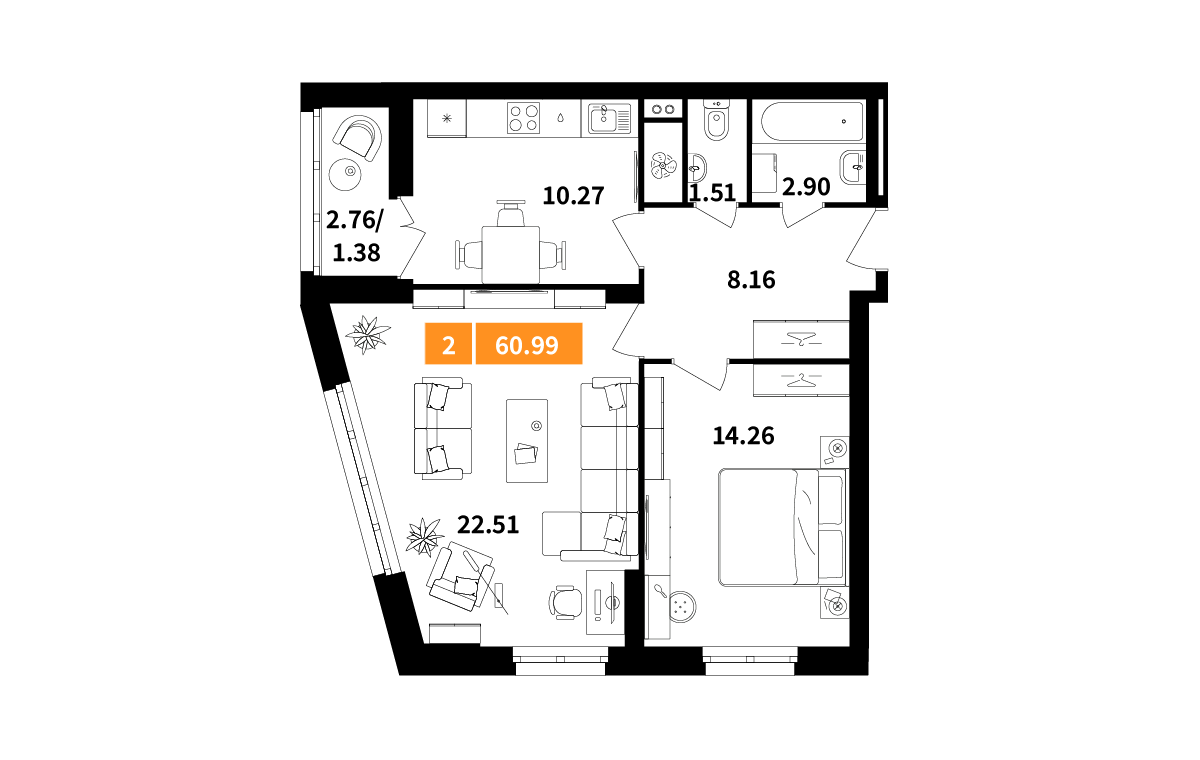 2-комнатная 60 м2 в ЖК Планерный квартал корпус null этаж 4