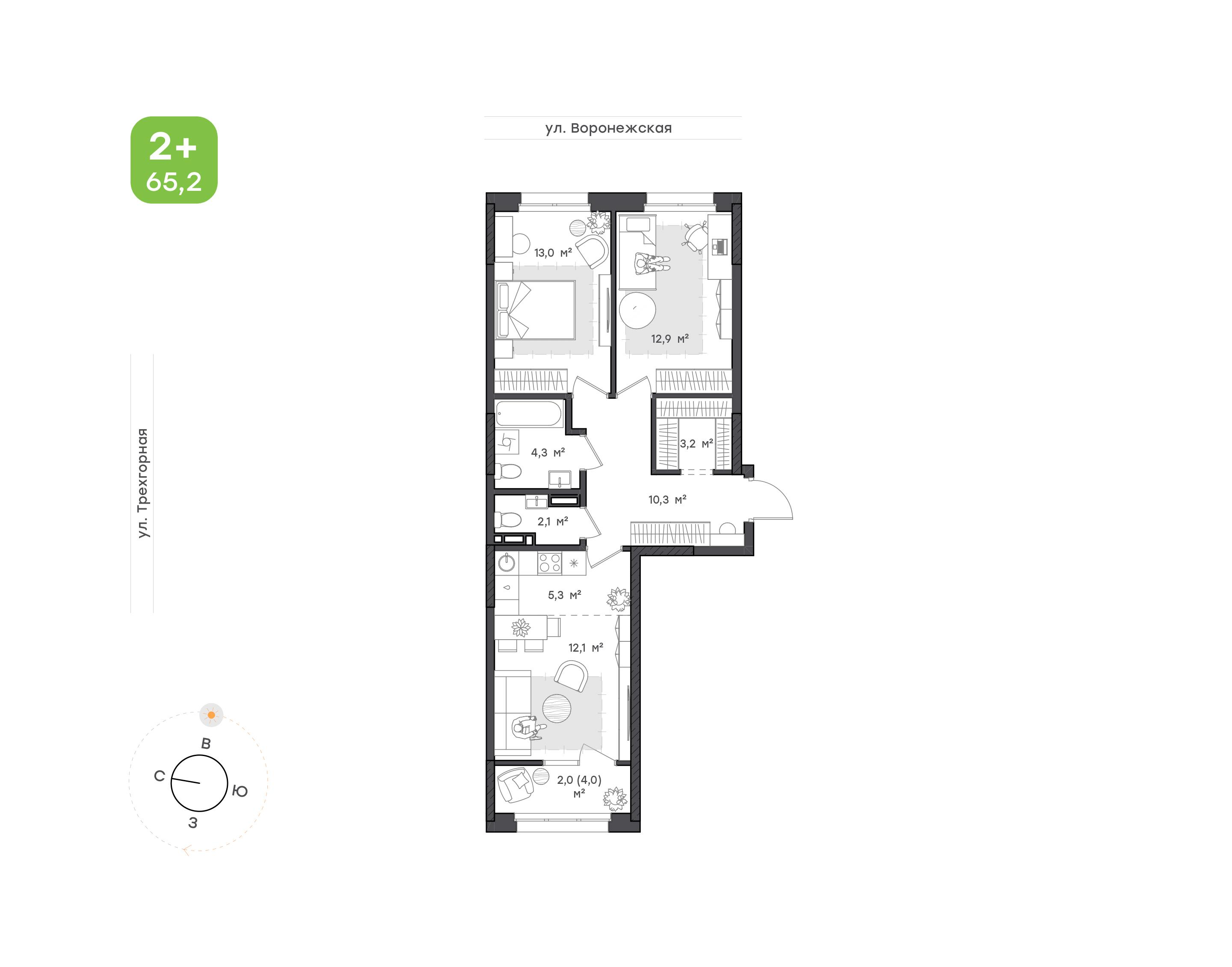 2-комнатная 65 м2 в ЖК Воронежский бульвар корпус null этаж 6