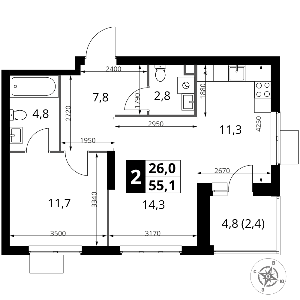 2-комнатная 55 м2 в ЖК 1-й Измайловский корпус null этаж 5