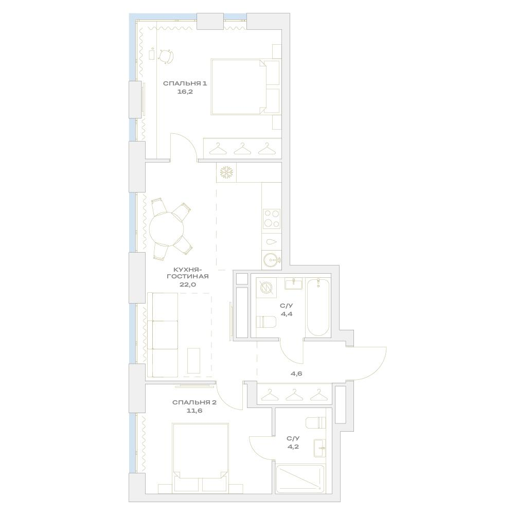 3-комнатная 63 м2 в ЖК Детали корпус null этаж 6