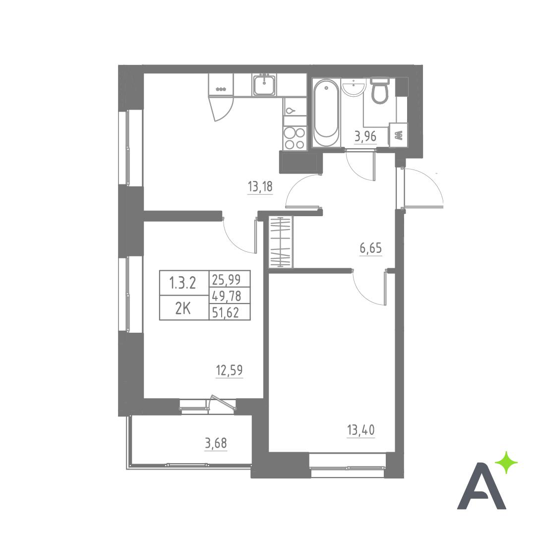 2-комнатная 51 м2 в ЖК Аквилон Солар корпус null этаж 4