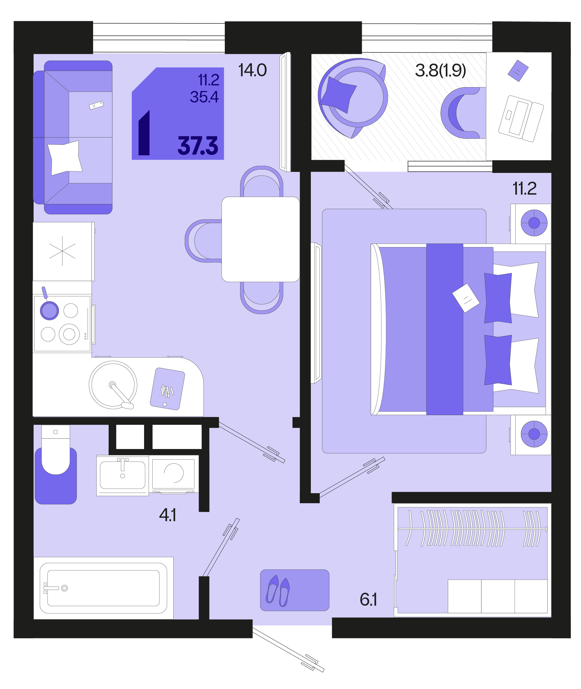 1-комнатная 37 м2 в ЖК Первое место корпус null этаж 6