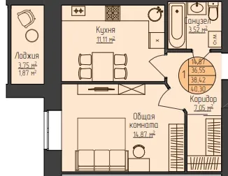 1-комнатная 40 м2 в ЖК Поз.2 ул. Кабанова корпус null этаж 8