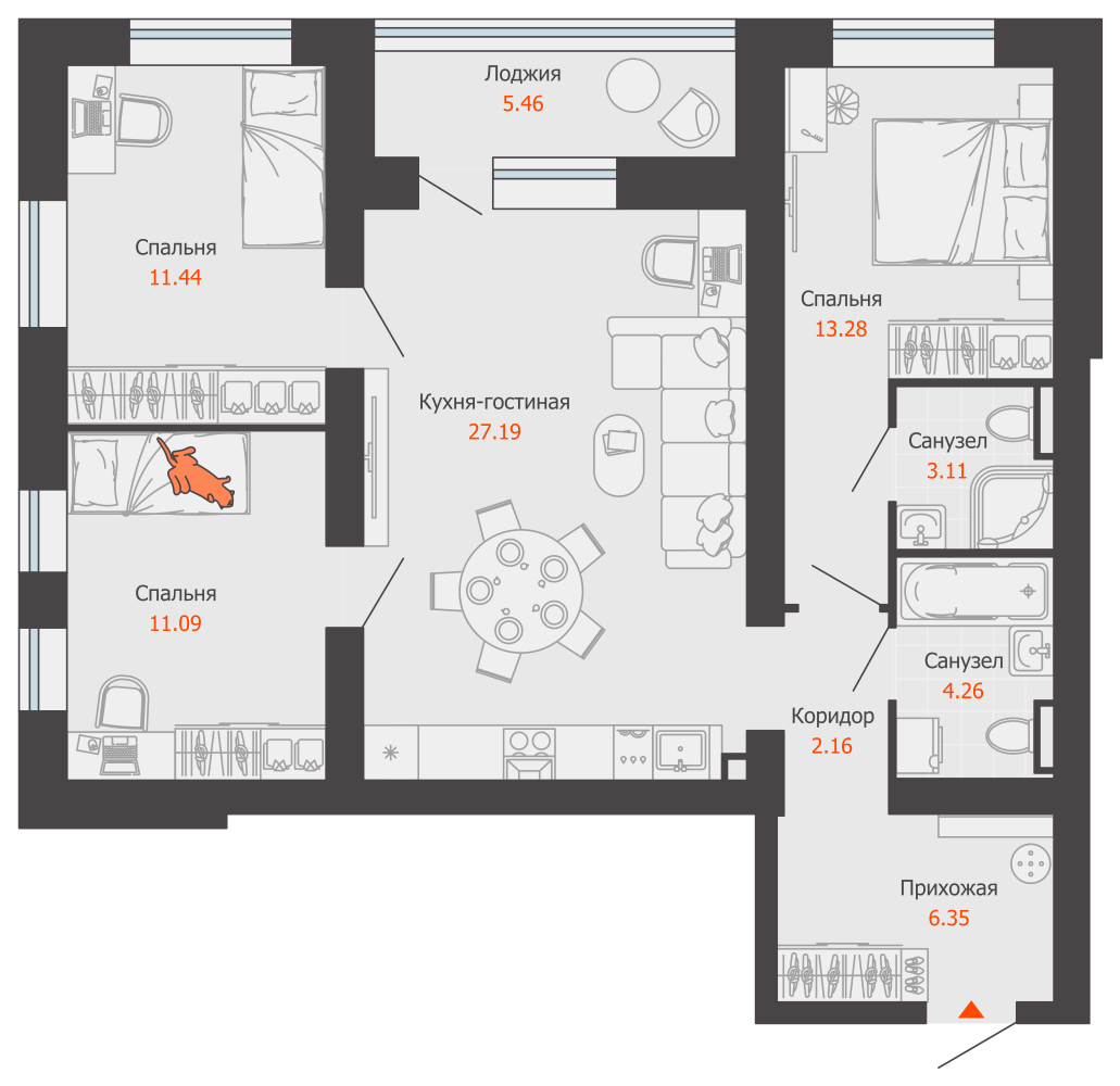4-комнатная 82 м2 в ЖК Камаполис корпус null этаж 4