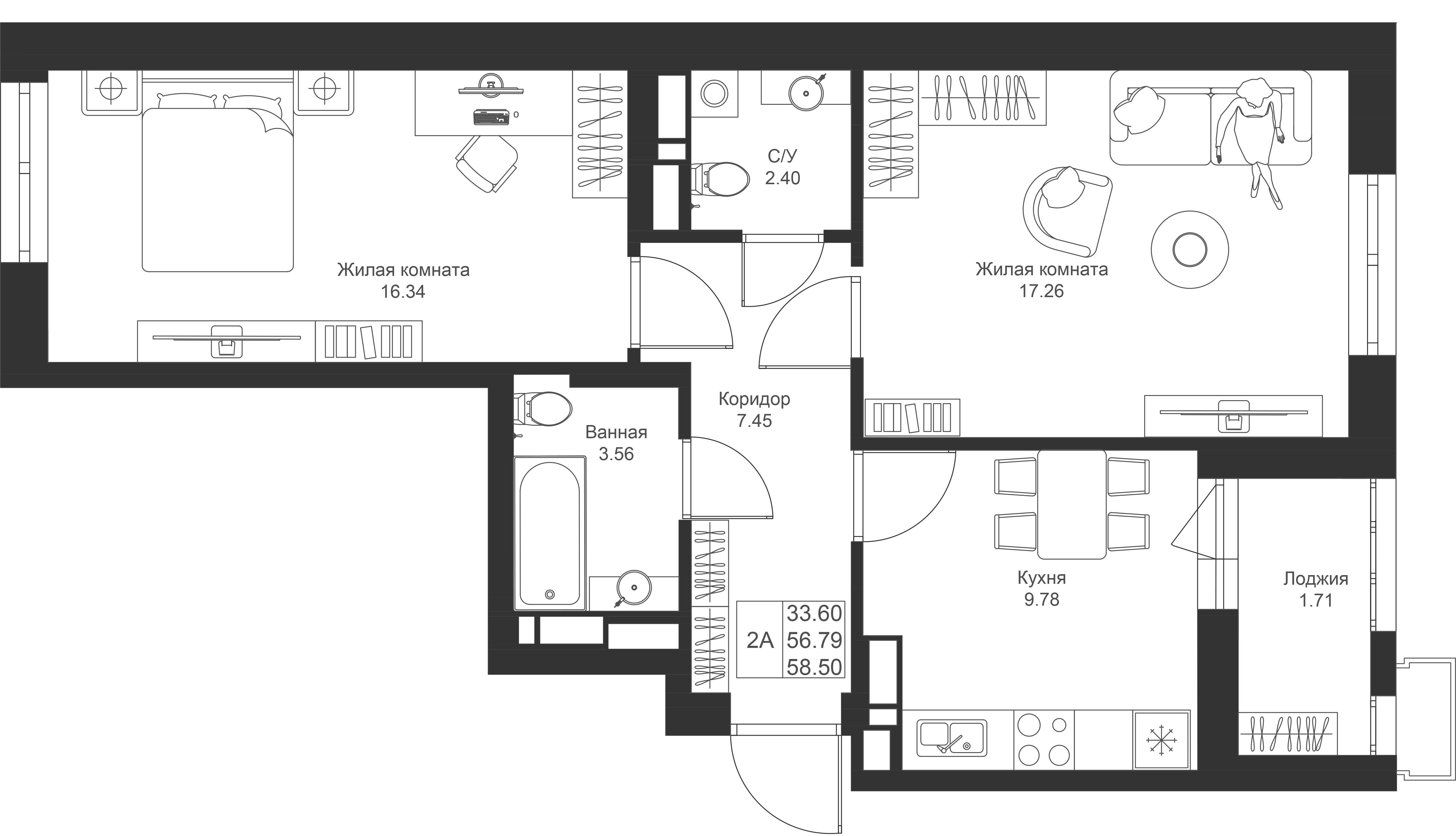 2-комнатная 58 м2 в ЖК Солнечный город корпус null этаж 6