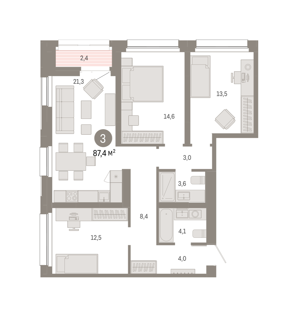 3-комнатная 87 м2 в ЖК Квартал Нефть корпус null этаж 15