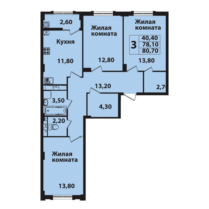 3-комнатная 80.7 м2 в ЖК undefined корпус null этаж 7