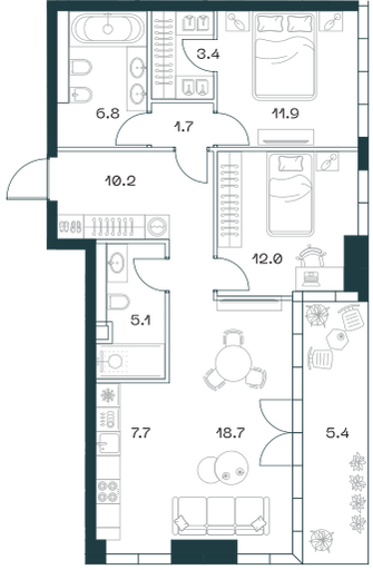 3-комнатная 82 м2 в ЖК Shift корпус null этаж 13