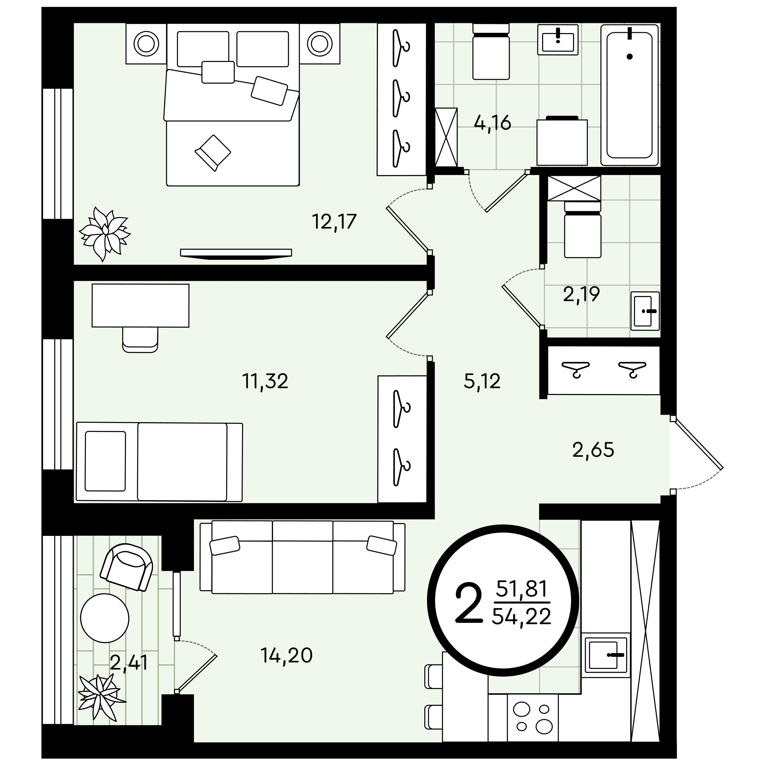 2-комнатная 54 м2 в ЖК Зеленые Аллеи корпус null этаж 1