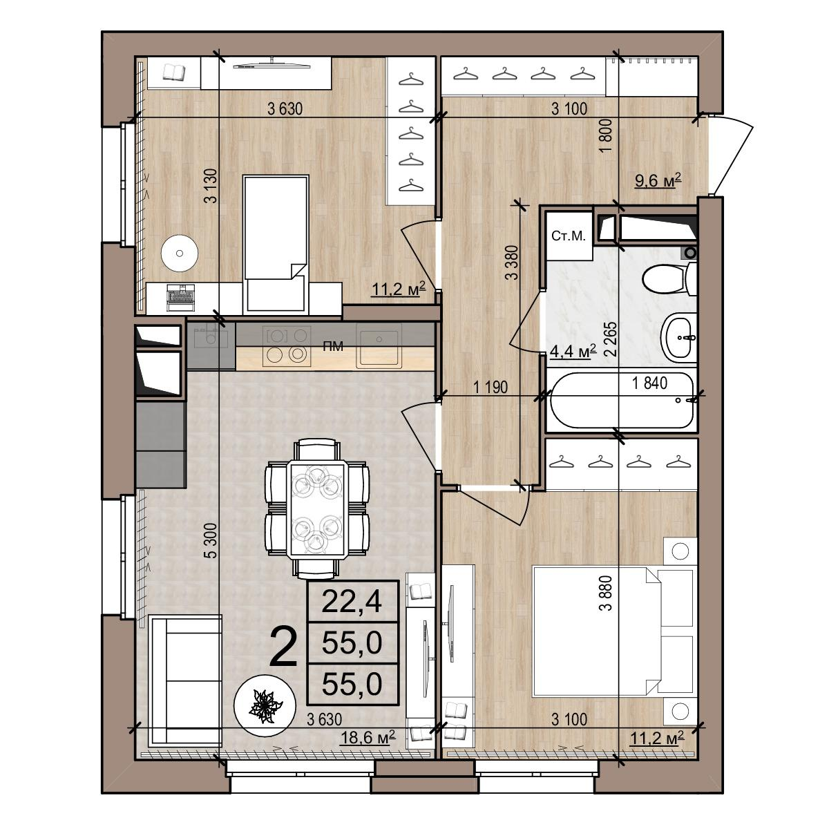 2-комнатная 55 м2 в ЖК Полярная звезда корпус null этаж 12