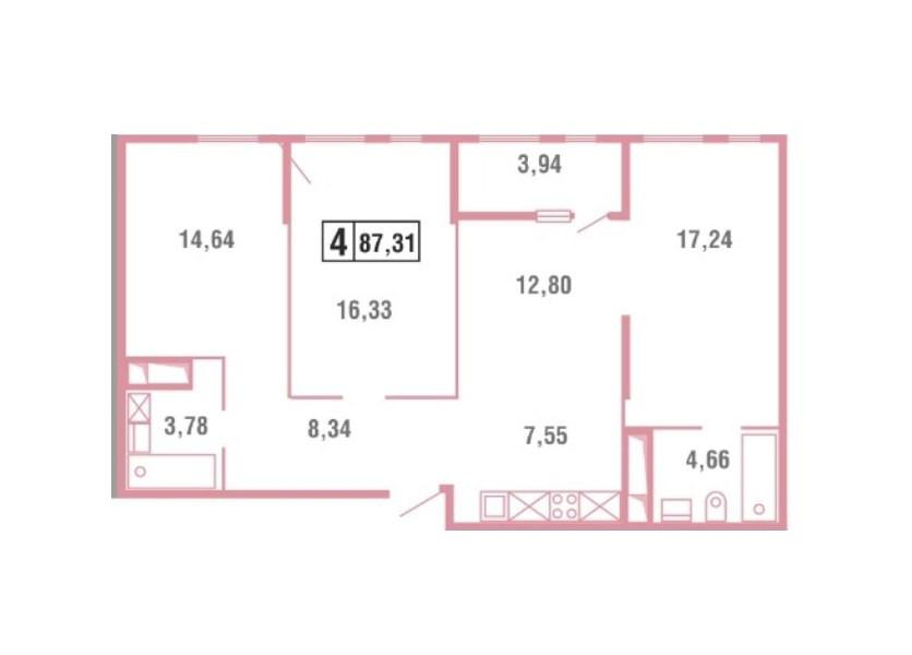 3-комнатная 87 м2 в ЖК undefined корпус null этаж 2