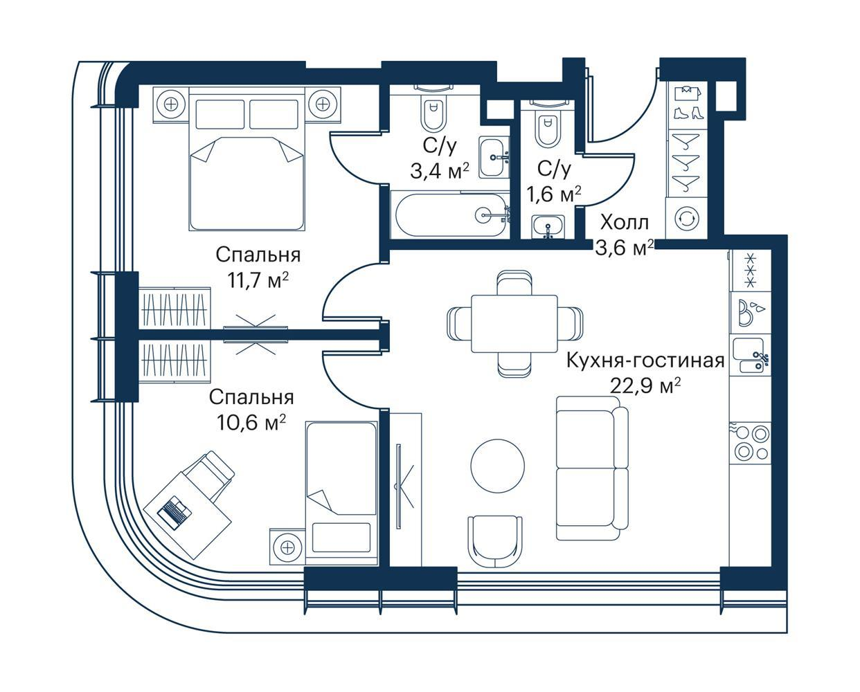 2-комнатная 54 м2 в ЖК CITY BAY корпус null этаж 36