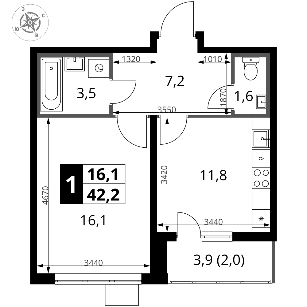 1-комнатная 42 м2 в ЖК 1-й Южный корпус null этаж 25