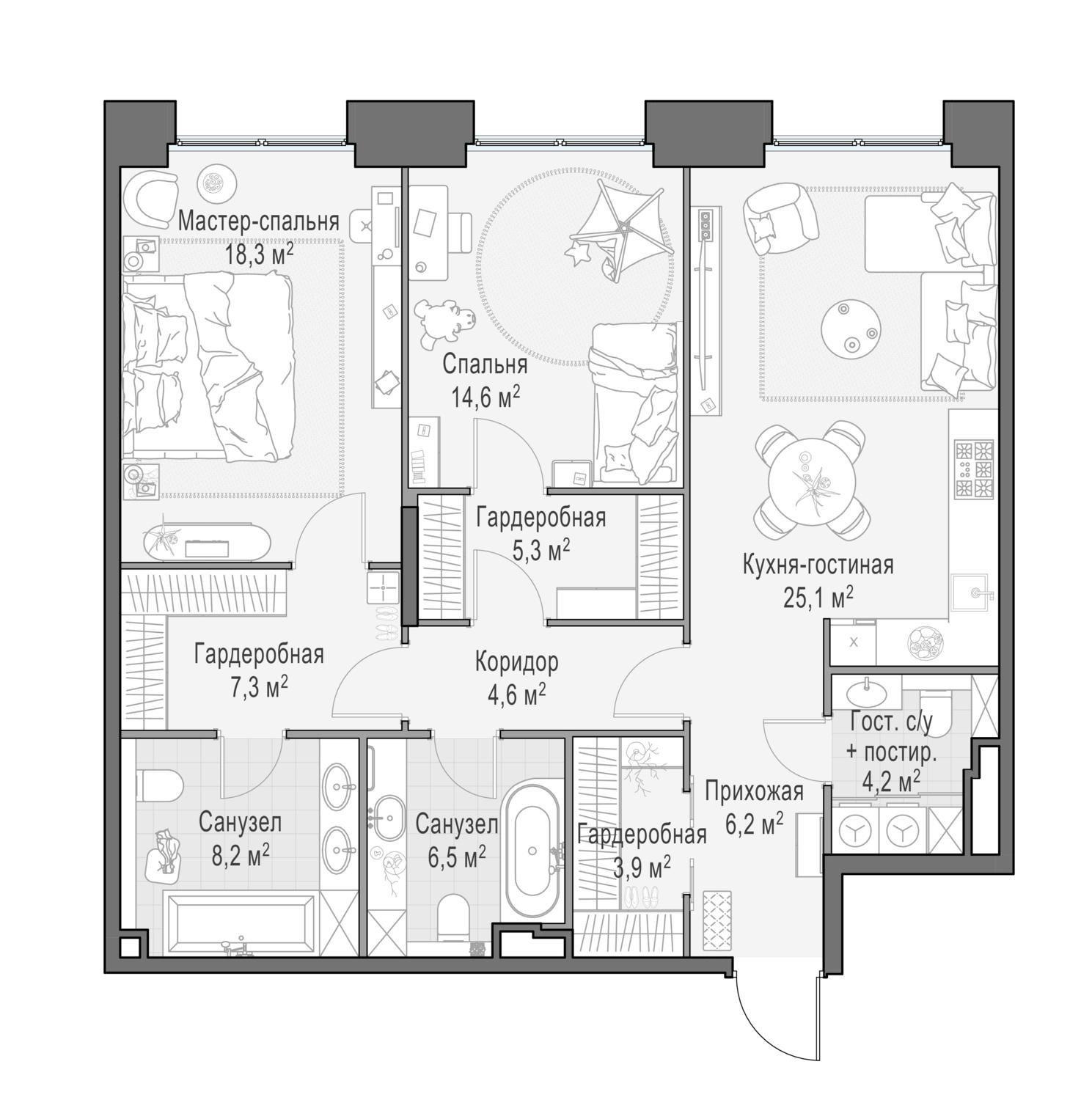 3-комнатная 104 м2 в ЖК Роскошный квартал LIFE TIME корпус null этаж 3