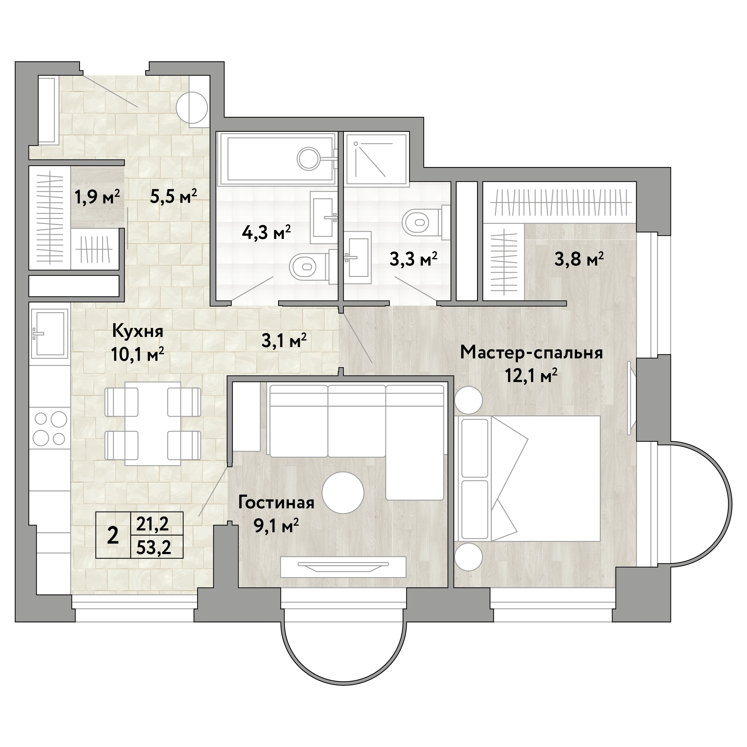 2-комнатная 53 м2 в ЖК Новые Смыслы корпус null этаж 6