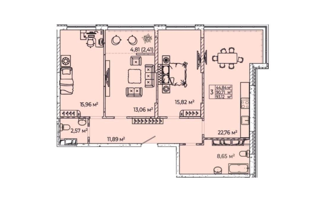4-комнатная 93 м2 в ЖК undefined корпус null этаж 21