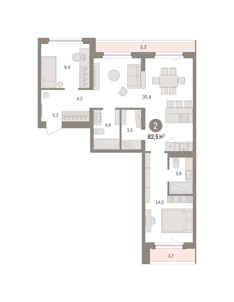 2-комнатная 82 м2 в ЖК Зарека корпус null этаж 6