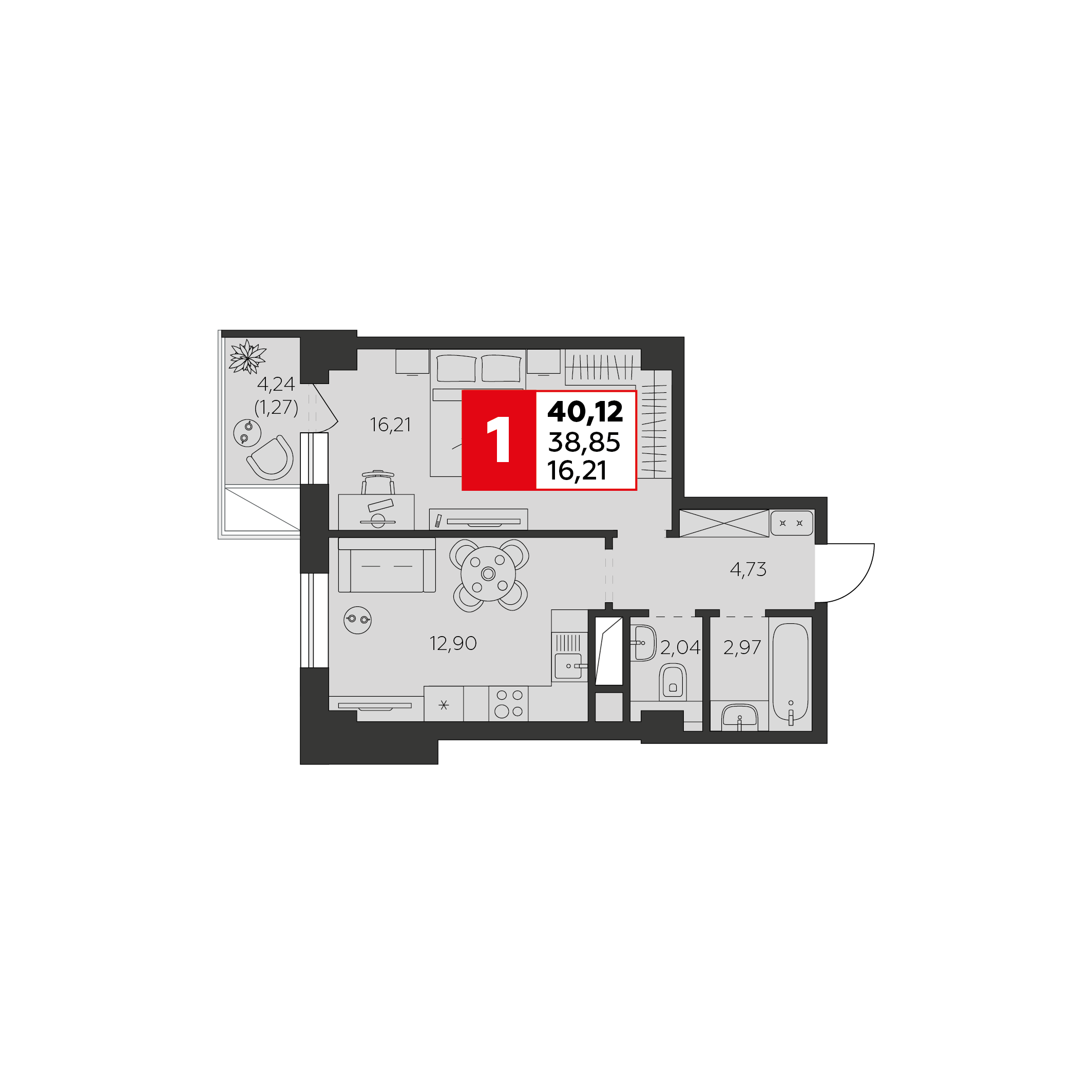 1-комнатная 40 м2 в ЖК Высотка корпус null этаж 2