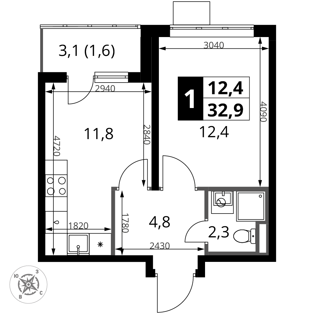 1-комнатная 32 м2 в ЖК 1-й Донской корпус null этаж 15