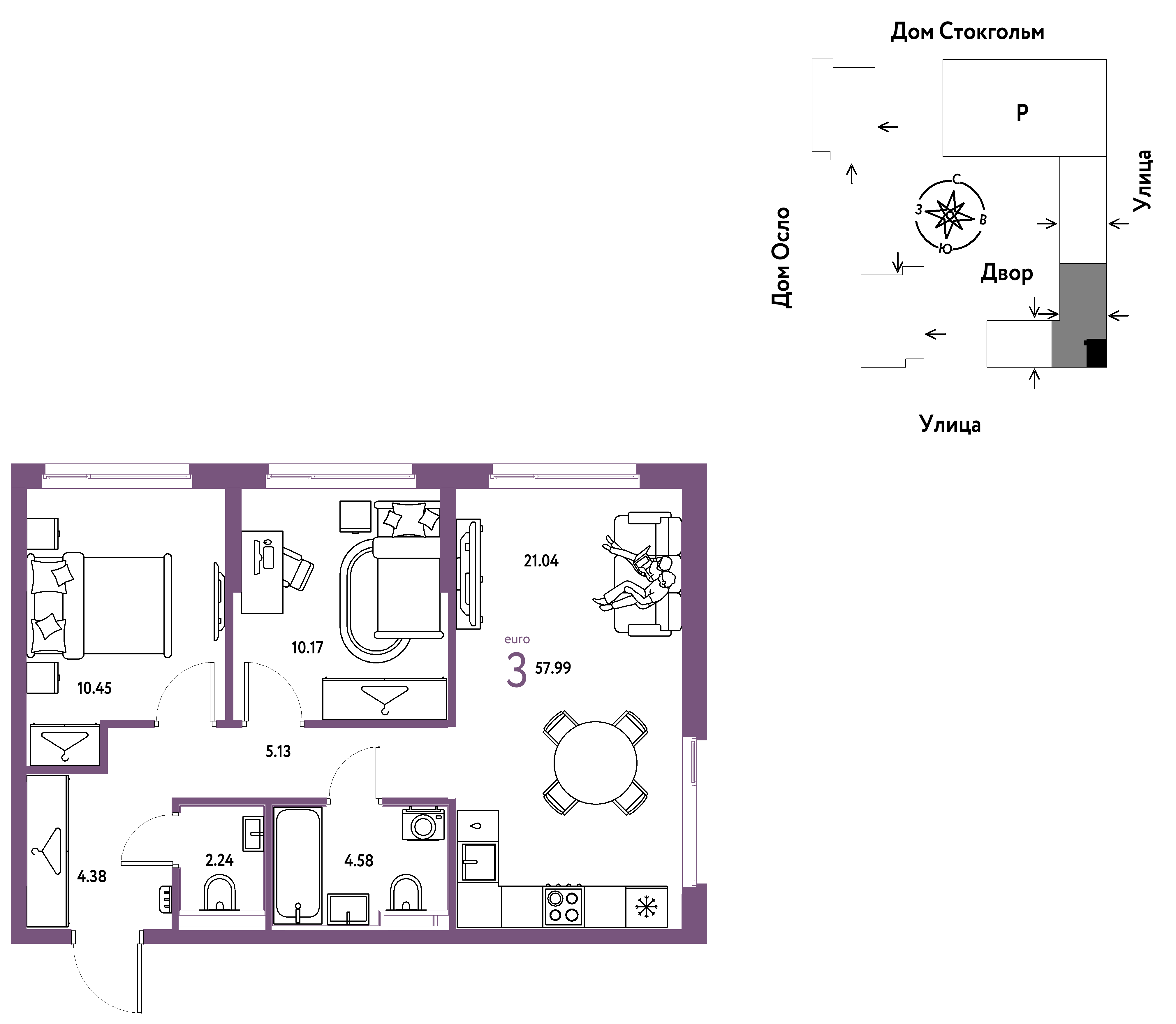 3-комнатная 57 м2 в ЖК Европейский берег 2.0 корпус null этаж 11