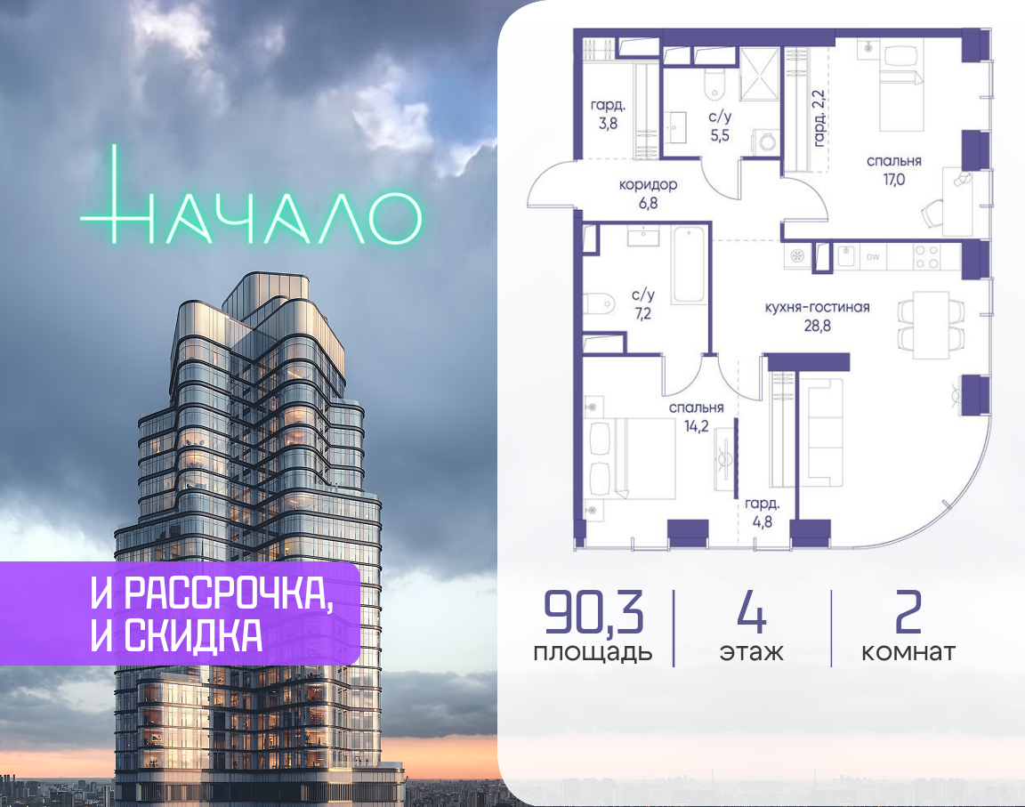 2-комнатная 90 м2 в ЖК Начало корпус null этаж 4