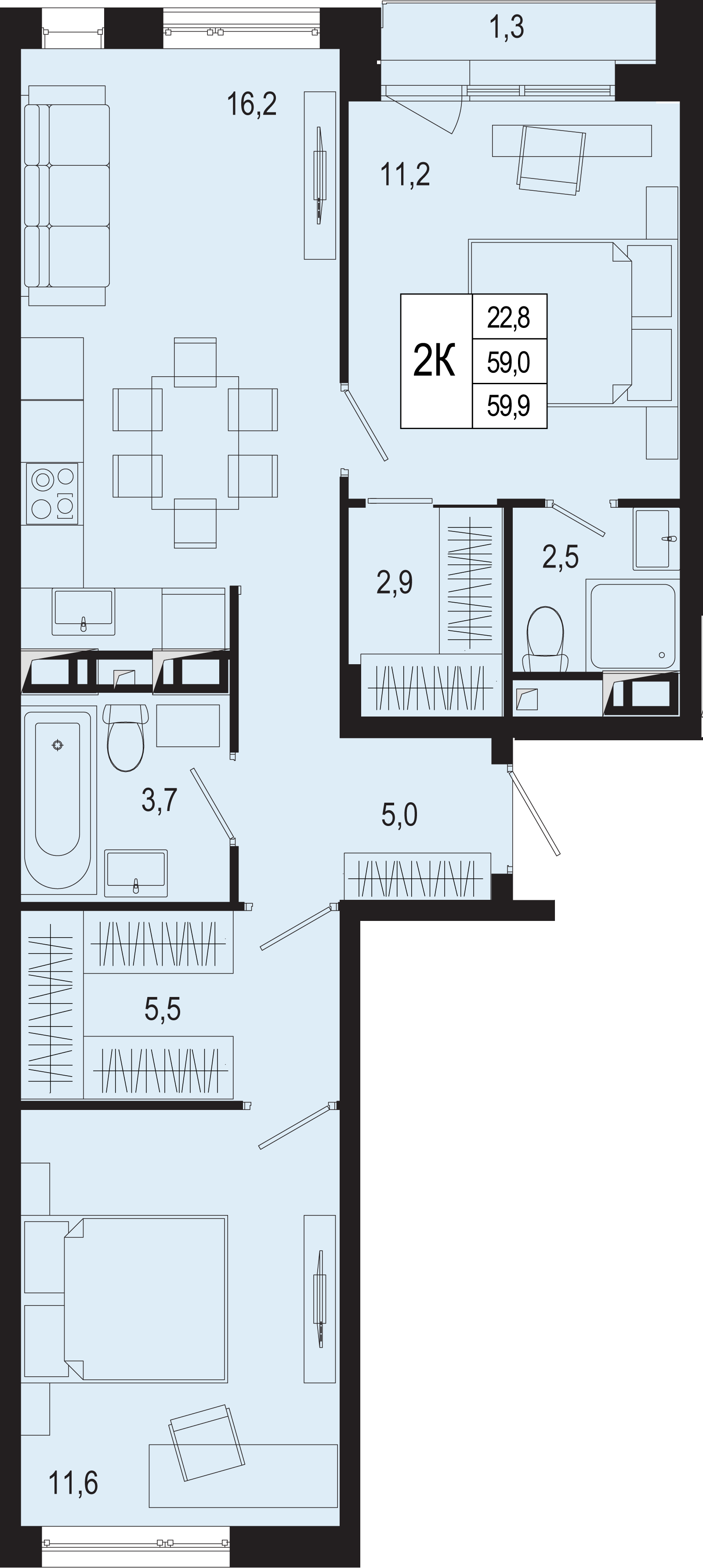 2-комнатная 59 м2 в ЖК Новая Щербинка корпус null этаж 6