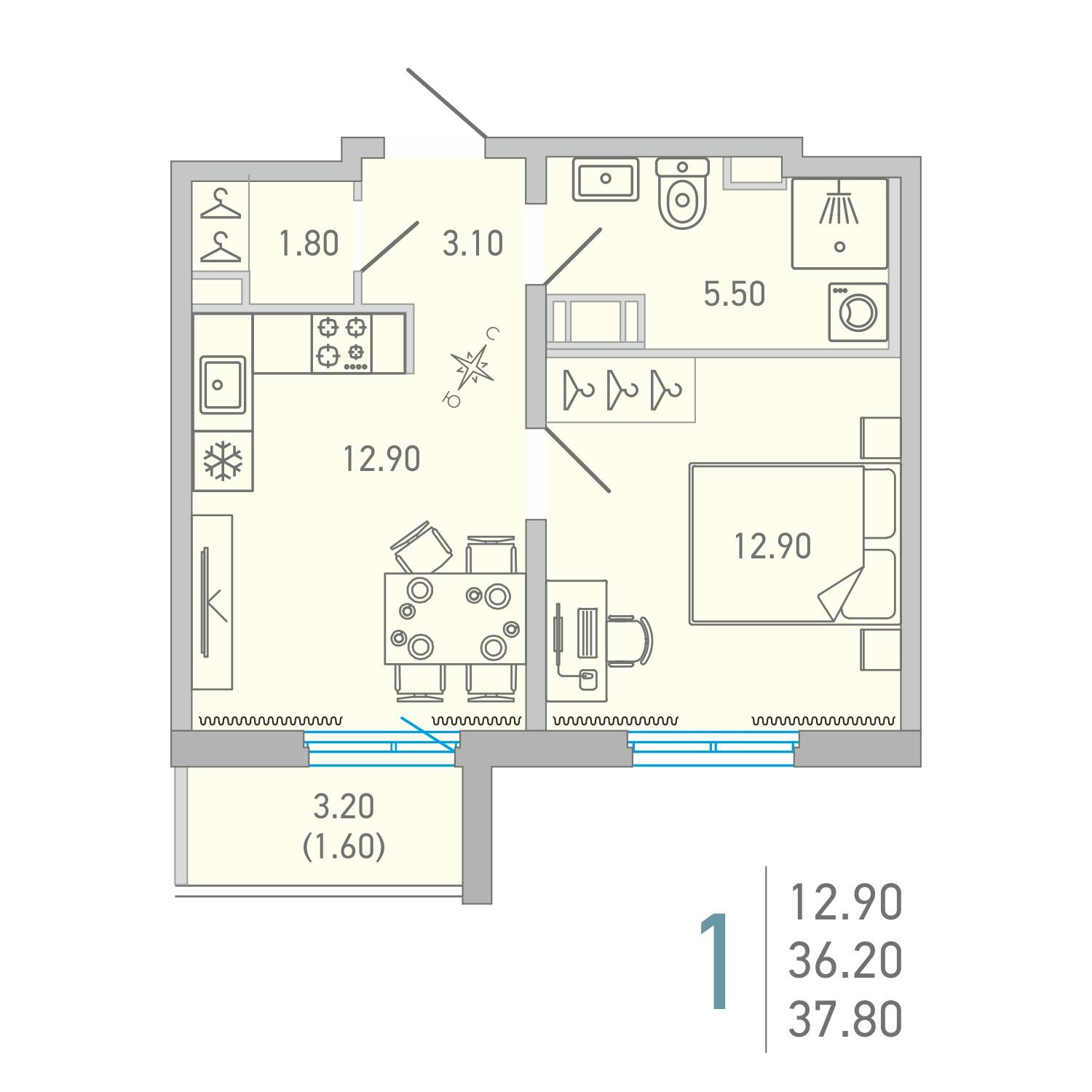 1-комнатная 37 м2 в ЖК LOVO корпус null этаж 13