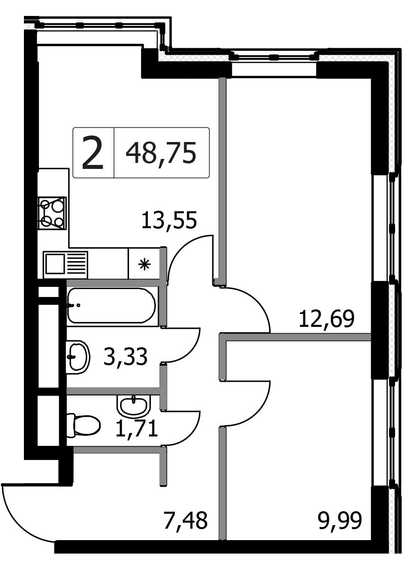 2-комнатная 48 м2 в ЖК Городские Истории корпус null этаж 9