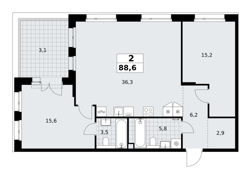 2-комнатная 88 м2 в ЖК Хольм корпус null этаж 5