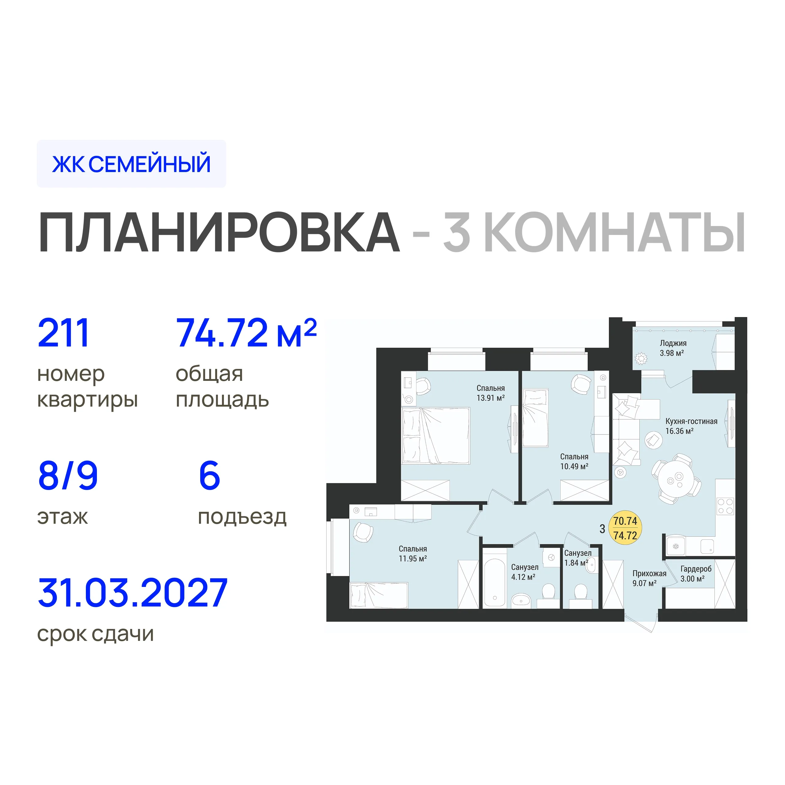 3-комнатная 74 м2 в ЖК Семейный корпус null этаж 8