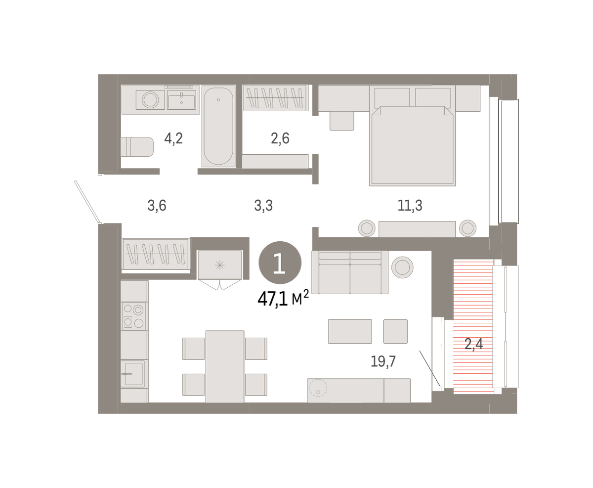 1-комнатная 47 м2 в ЖК Квартал Нефть корпус null этаж 15