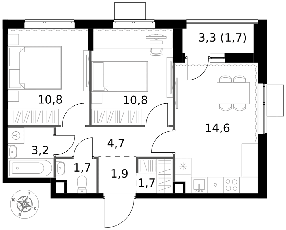 2-комнатная 51 м2 в ЖК 1-й Измайловский корпус null этаж 13
