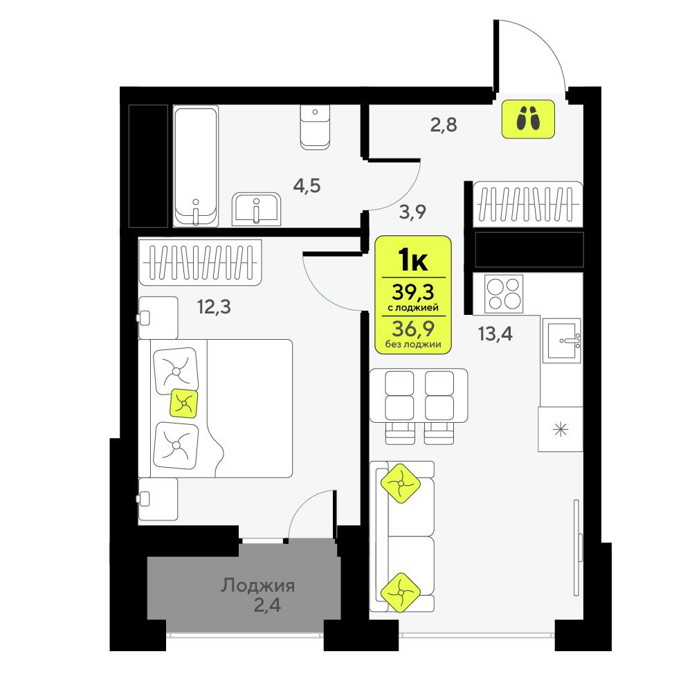 1-комнатная 39 м2 в ЖК Мотивы корпус null этаж 10