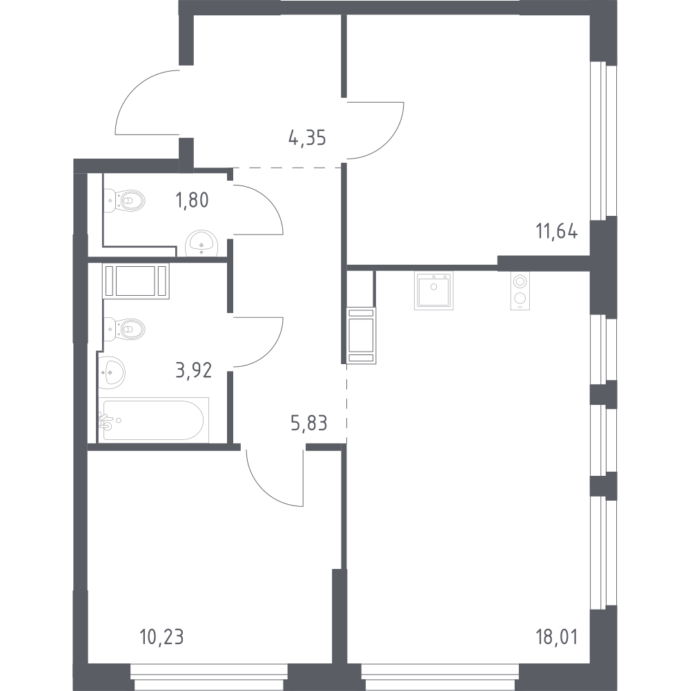 2-комнатная 55 м2 в ЖК Новое Колпино корпус null этаж 2