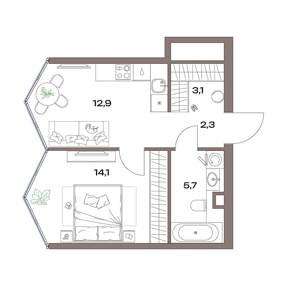 1-комнатная 38 м2 в ЖК Акценты корпус null этаж 29