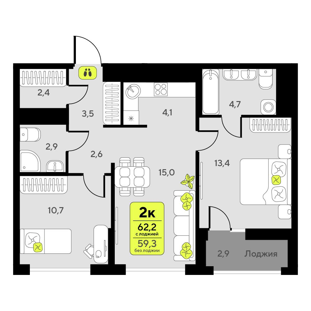 2-комнатная 62 м2 в ЖК Мотивы корпус null этаж 3