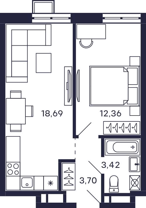 1-комнатная 39 м2 в ЖК Квартал Тетрис корпус null этаж 17