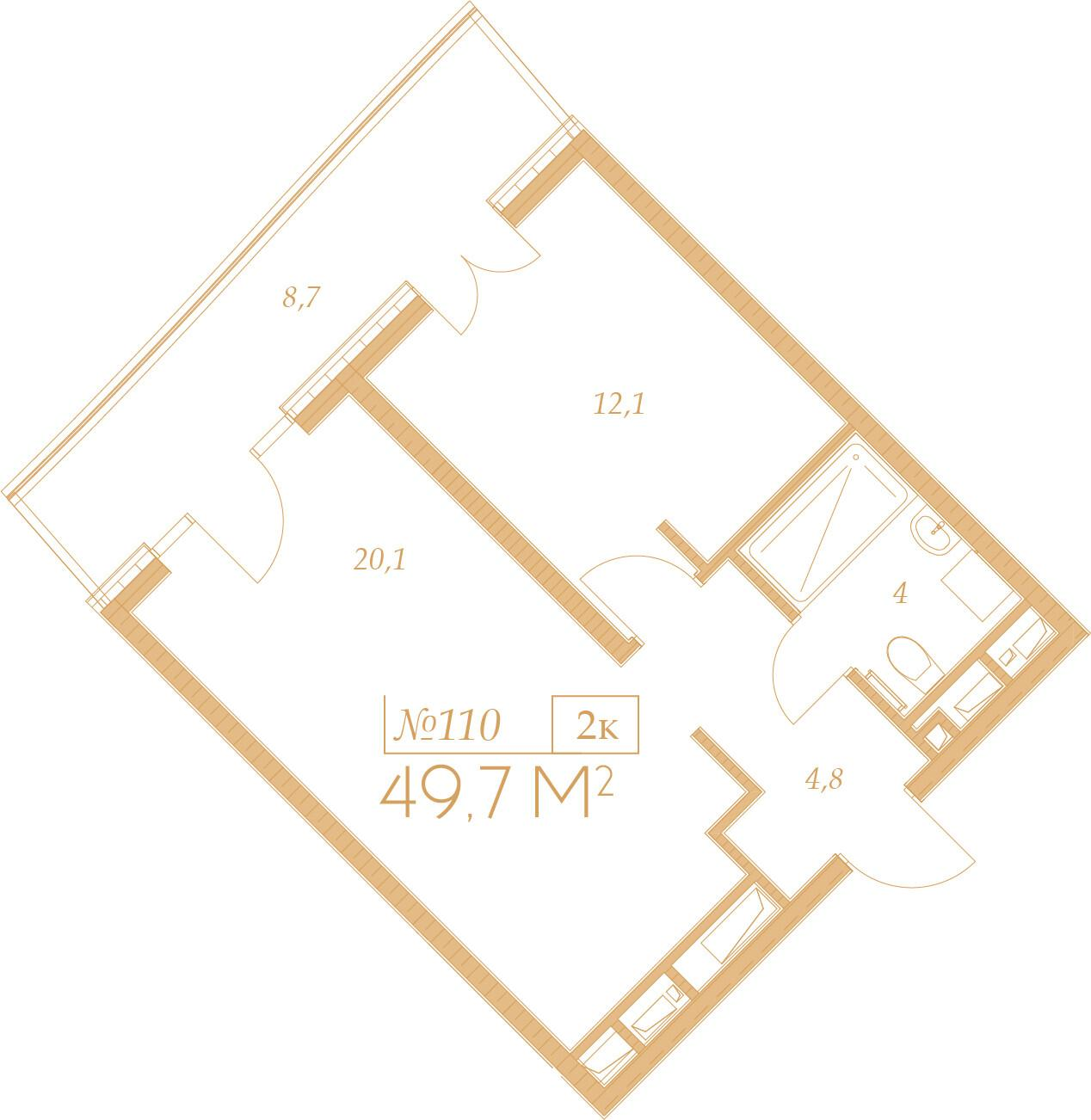 2-комнатная 49 м2 в ЖК Морелло корпус null этаж 9