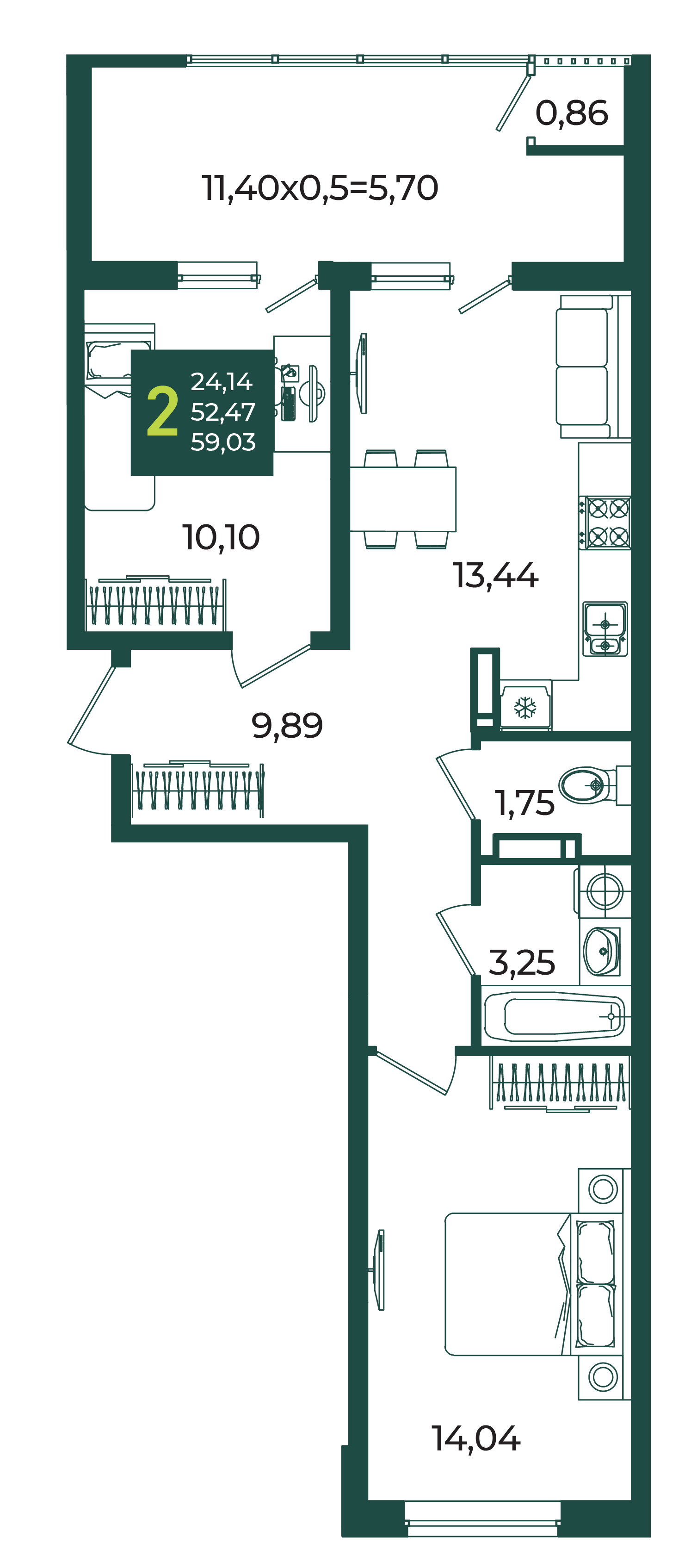2-комнатная 59 м2 в ЖК Образцово корпус null этаж 9