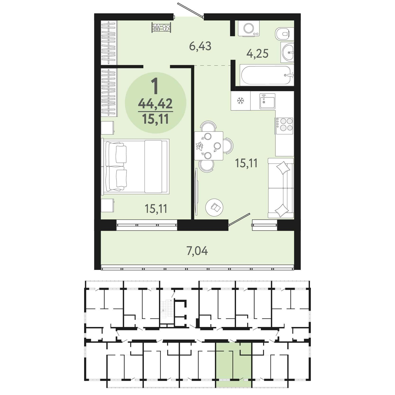 1-комнатная 44 м2 в ЖК Новый парк корпус null этаж 11