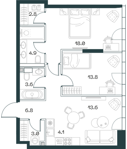 3-комнатная 70 м2 в ЖК Shift корпус null этаж 11