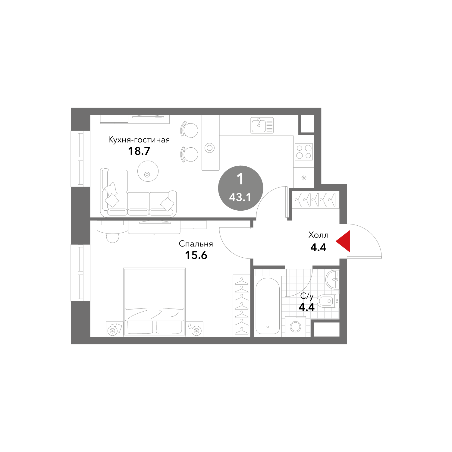 1-комнатная 43 м2 в ЖК Voxhall корпус null этаж 21