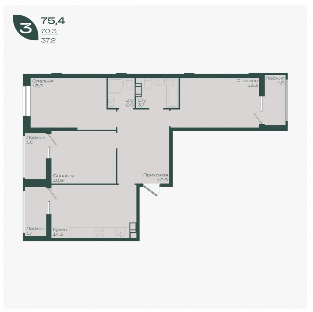 3-комнатная 75.4 м2 в ЖК undefined корпус null этаж 11