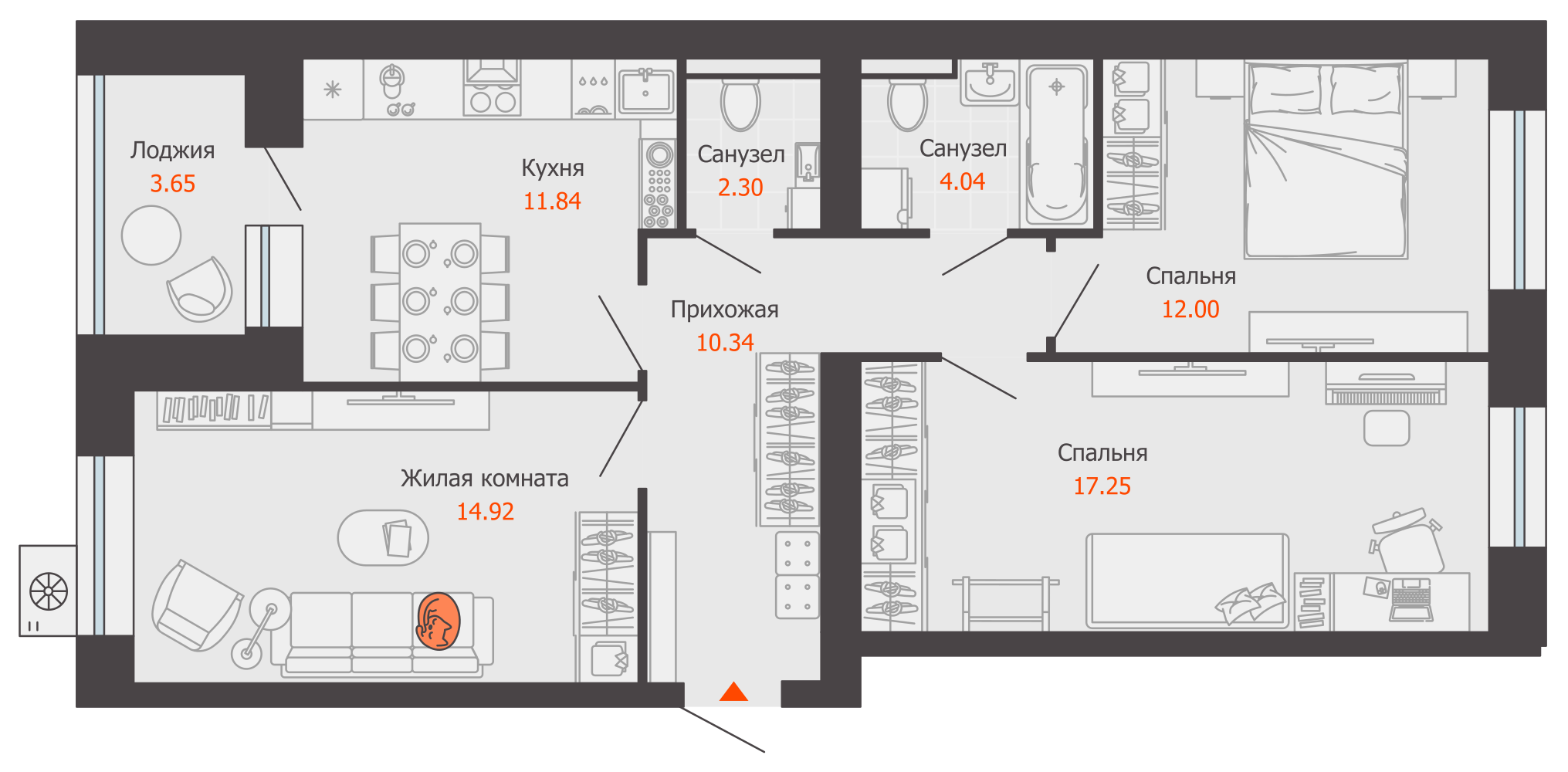 3-комнатная 75 м2 в ЖК Зарядное корпус null этаж 5