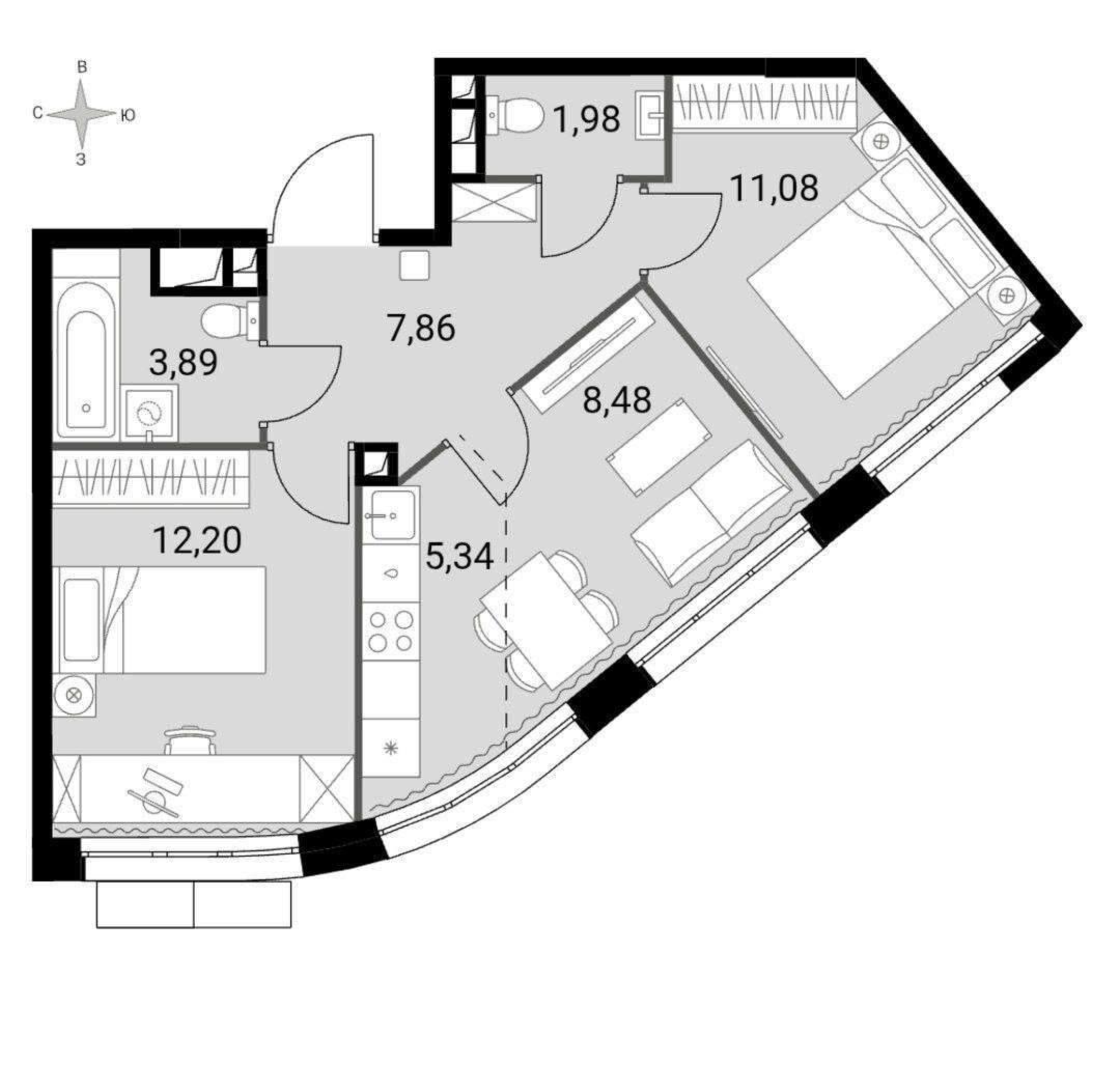 3-комнатная 51 м2 в ЖК undefined корпус null этаж 12