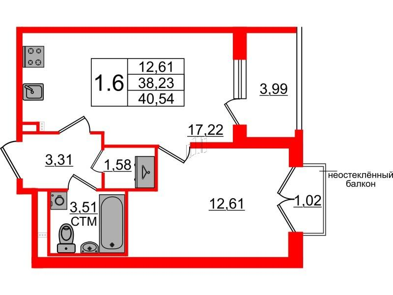 1-комнатная 38 м2 в ЖК Дворцовый фасад корпус null этаж 2