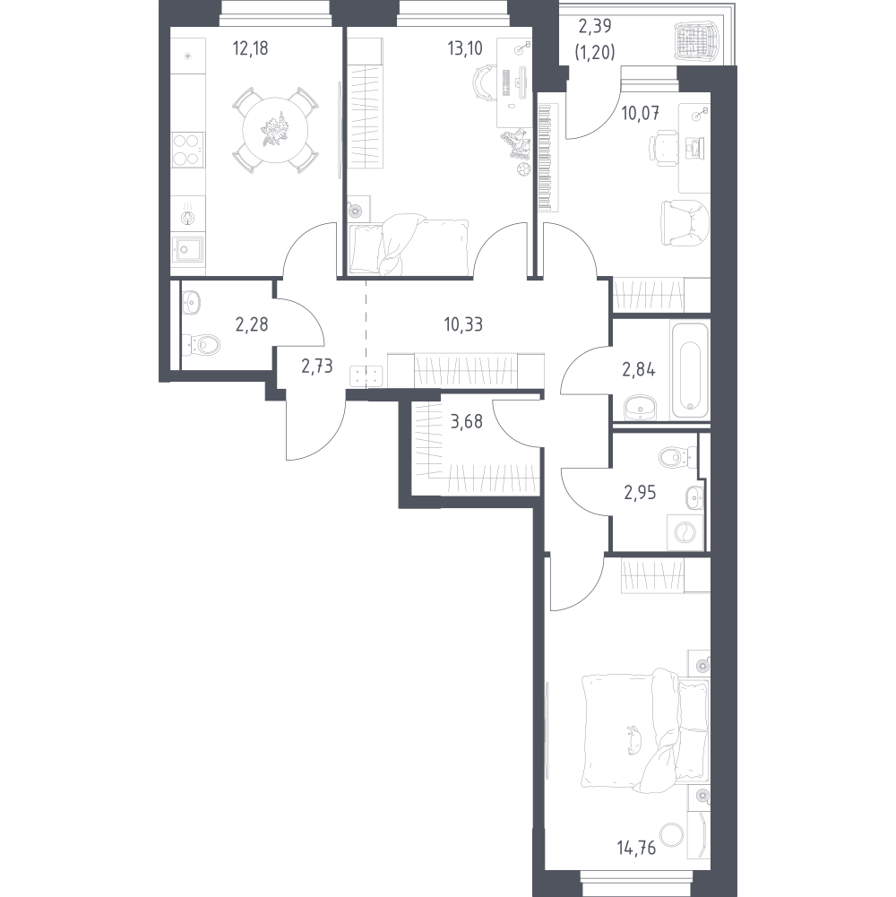 3-комнатная 76 м2 в ЖК Прибрежный парк корпус null этаж 2