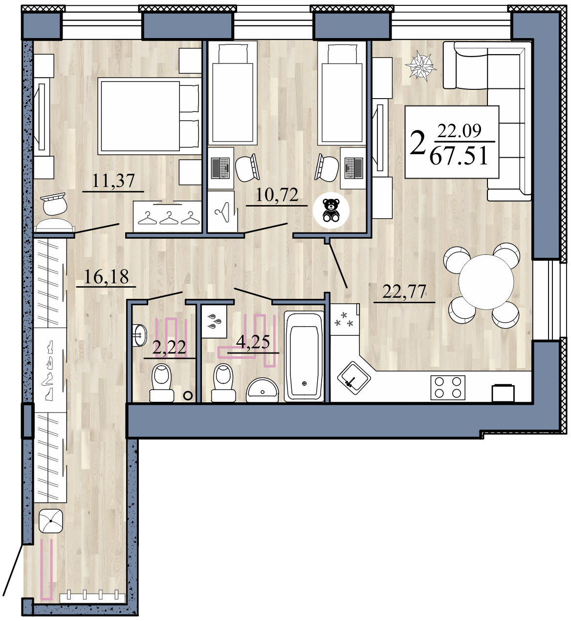 2-комнатная 67 м2 в ЖК Стрижи корпус null этаж 3