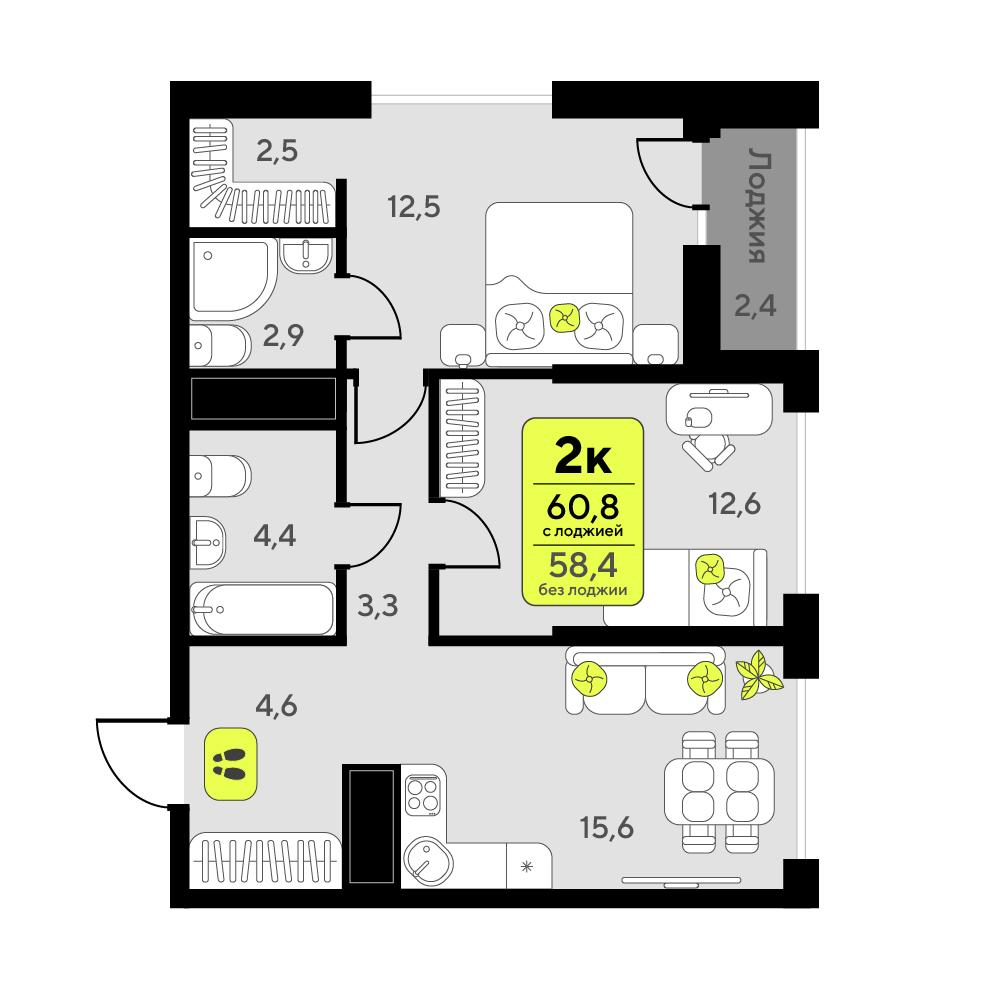 2-комнатная 60 м2 в ЖК Мотивы корпус null этаж 7